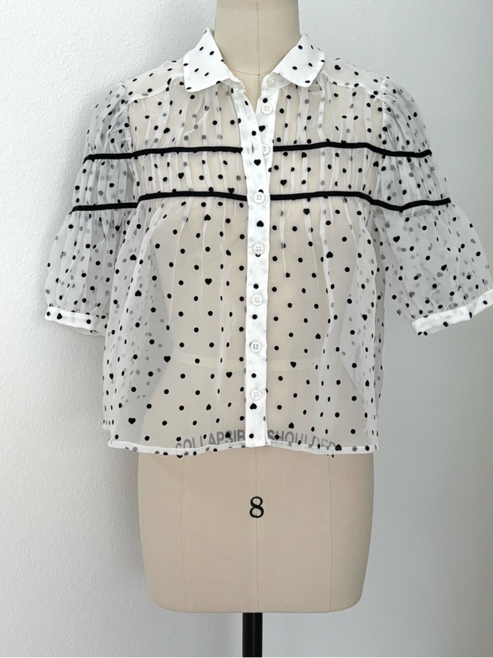 Anthropologie Maeve Leandra Shirred Blouse NWT White Black Polka Dots Sheer M